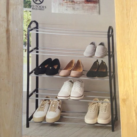 Black Farberware 5 Tier Shoe Rack  Up To 15 Pairs of Shoes Handbags Bins Clothes - Picture 3 of 5